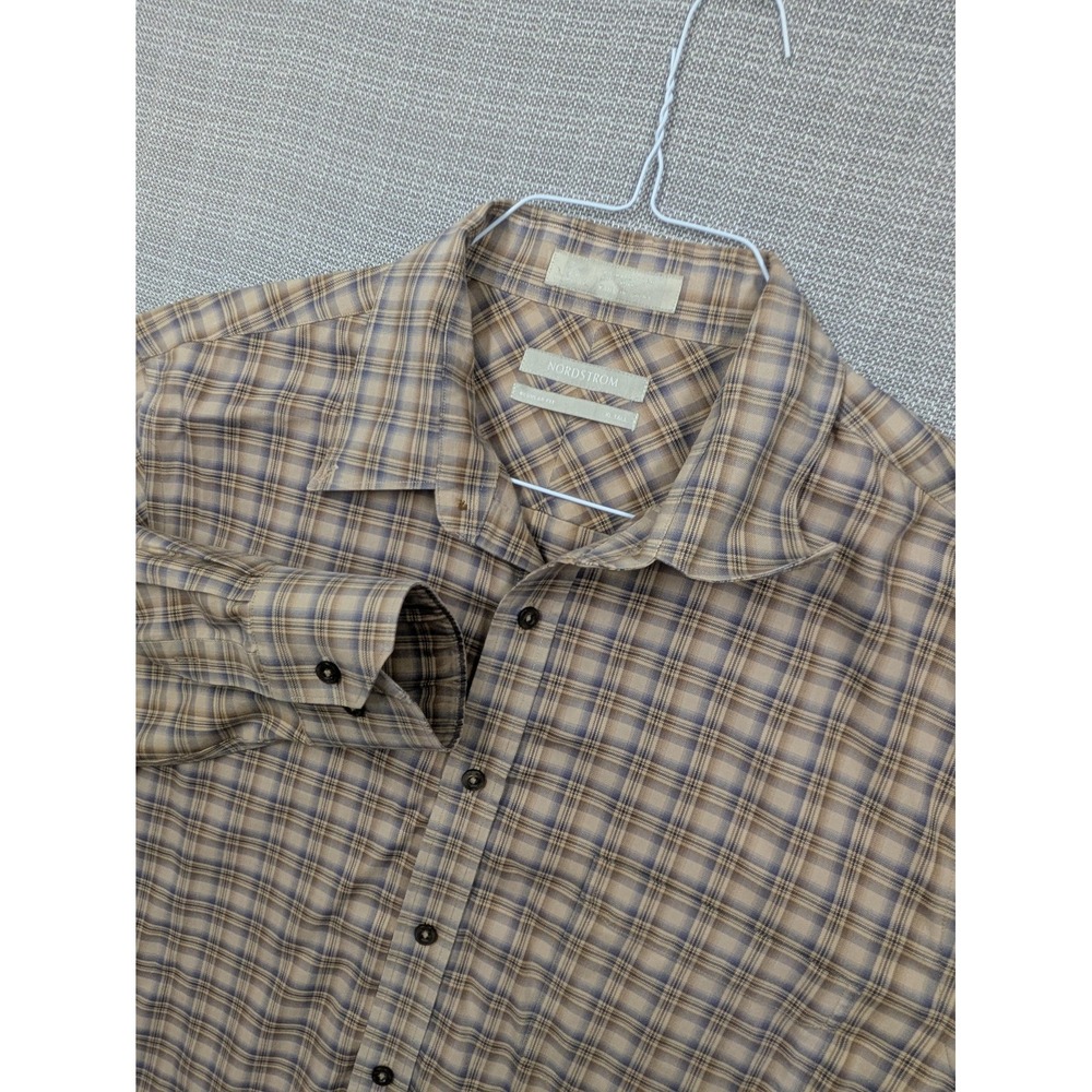 Nordstrom Shirt Mens XLT Beige Plaid Long Sleeve Wrinkle Free Button Up
